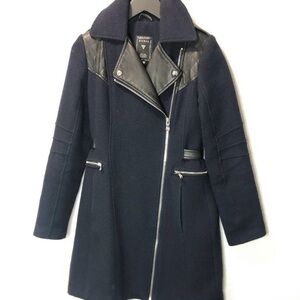 GUESS Navy & Black Wool Trench Coat with faux Leather & Zipper Detail
